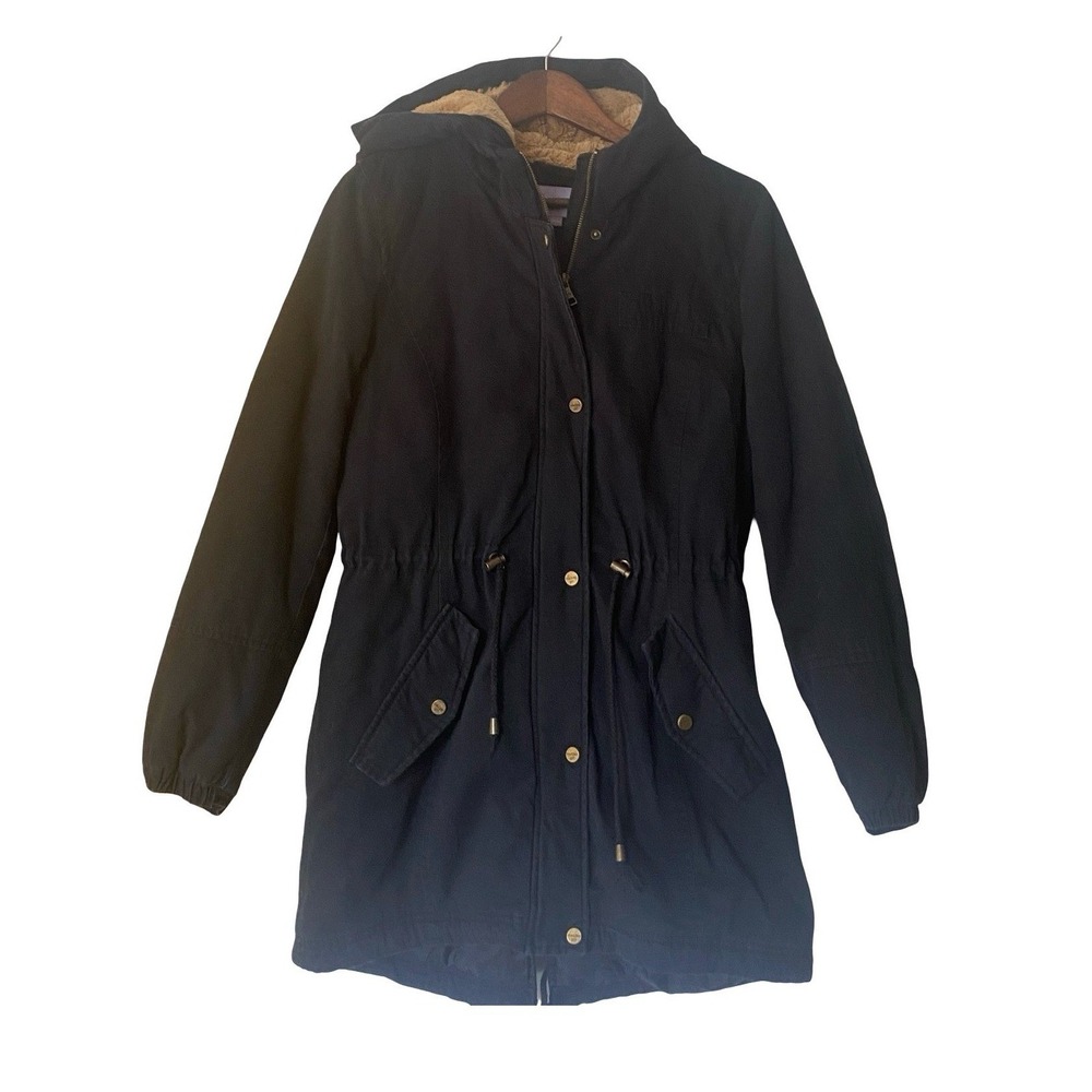 Madden Girl Anorak Women Jacket M Black Hooded Faux Fur Lined Utility Parka